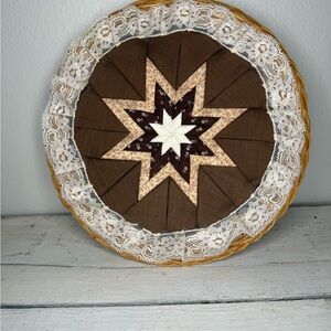 Vintage Quilted Folded Fabric Star Embroidery Folk Art Wall Hanging, Wicker Back